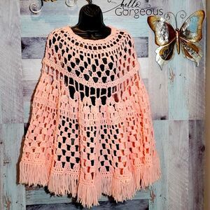 Handmade Knitted Crochet Soft Pink Poncho Cape One Size BoHo Retro